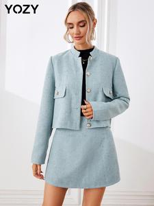 YOZY Plain Two-Piece Set, Chic Mock Neck Button Front Jacket & Short A-Line Skirt, Elegant Skirt Set for Fall & Winter Daily Wear