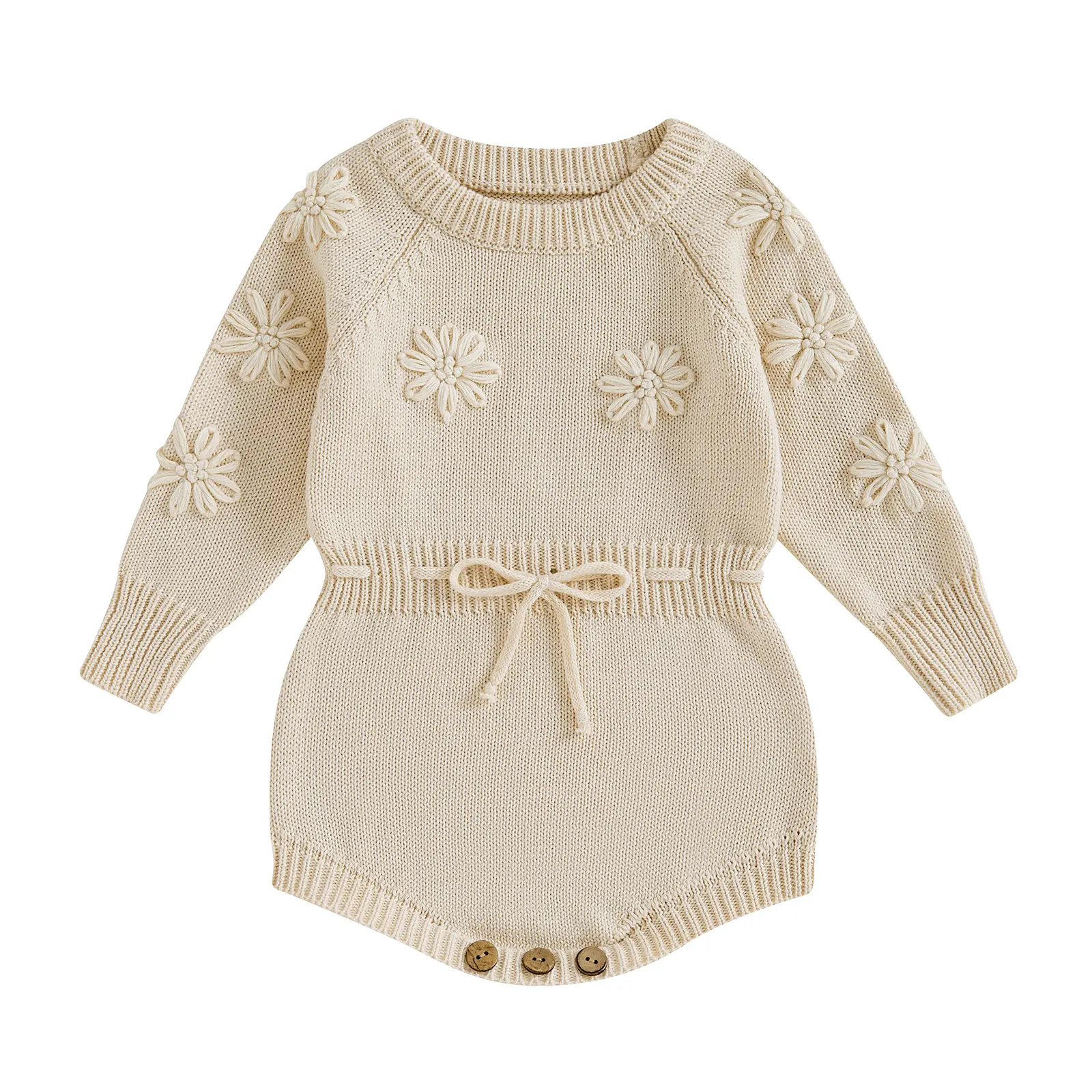 Baby Girl Sweater Romper 0-18 Months Long Sleeve Round Neck Floral Embroidery Bodysuit Infant Fall Outfit
