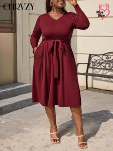 CURVZY Plus Size Autumn Aesthetic Solid Belted Knot Front V Neck A Line Dress, Casual Long Sleeve Pocket Dress for Daily Outdoor Wear, Women Plus Clothing for All Seasons