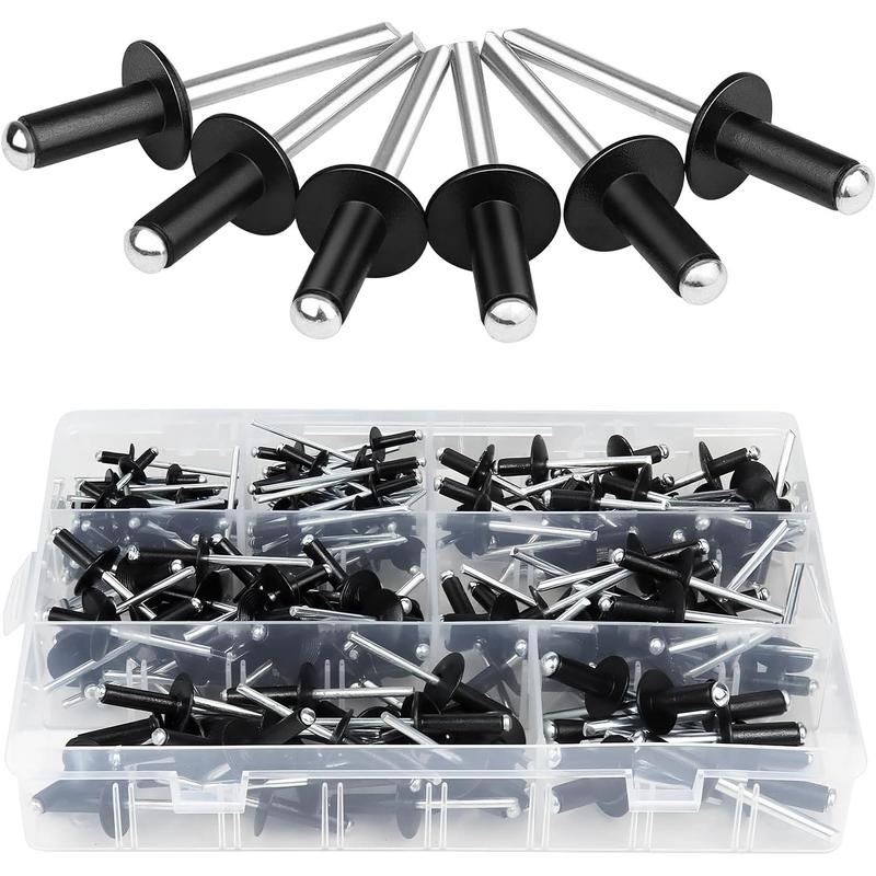 200 count Black Pop Rivets Assortment Kit, 7 Sizes 1/8