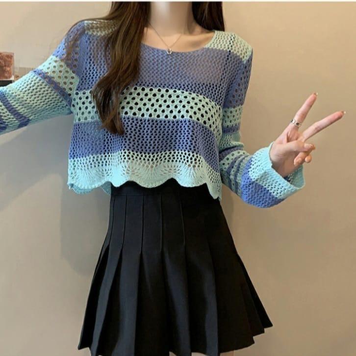 Vilave Atasan Blouse Wanita Hollow Knitted Korean Style Top Import J1221 2