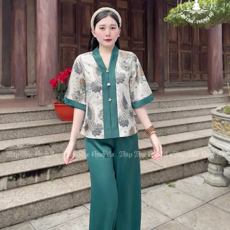 KA2- Bộ Lam Ba Cúc Tay Lỡ Lụa Vân Gỗ Cao Cấp Mẫu Mới Pháp Phục Khánh An Nữ Áo 8