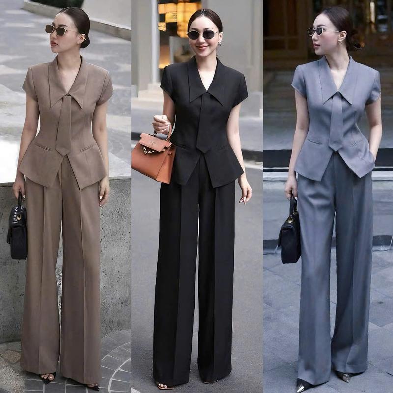 Set Bộ Vest Nữ Thiết Kế EMME T3077 - 2 Món Gồm Áo Sơ Mi Tay Ngắn Đánh Eo Cúc Bọc Phối Quần Dài Suông Rộng Các Điệu [ Kèm Cà Vạt ]  Women Nhung Top  Xám