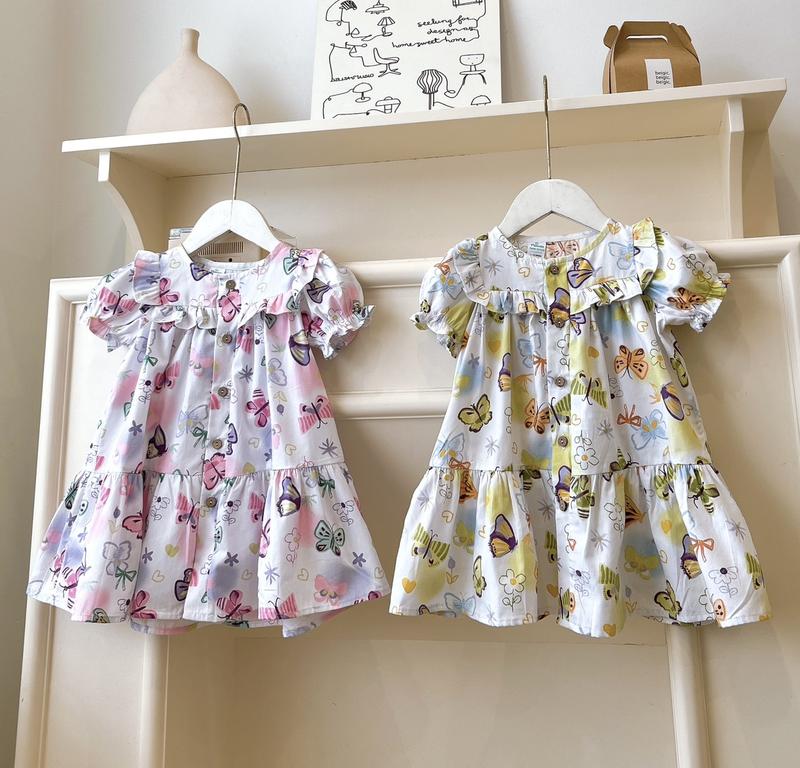 9-33kg Váy hoa bướm xinh kiểu dáng Babydoll tay bồng đuôi cá đáng yêu cho bé.