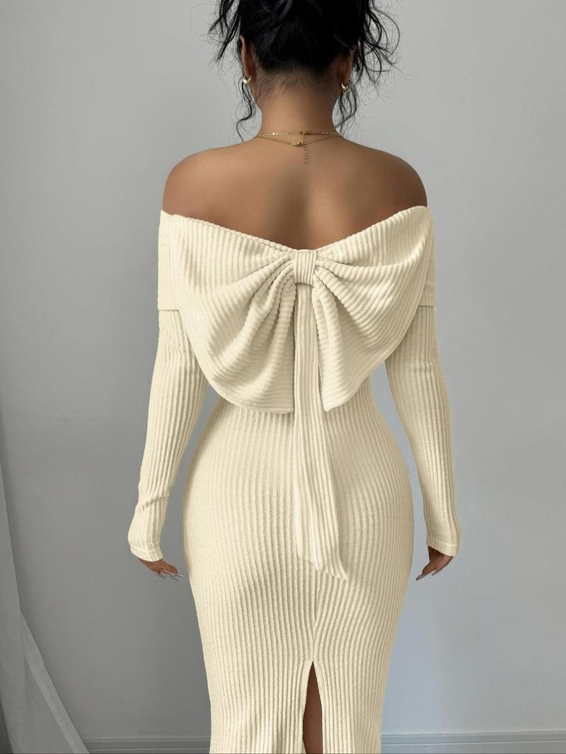 Product Introduction of Aliling Women's Off Shoulder Ribbed Bodycon Dress, Elegant Fashion Long Sleeve Dress for Party Dating Wear, Women Dress for Fall & Winter 4