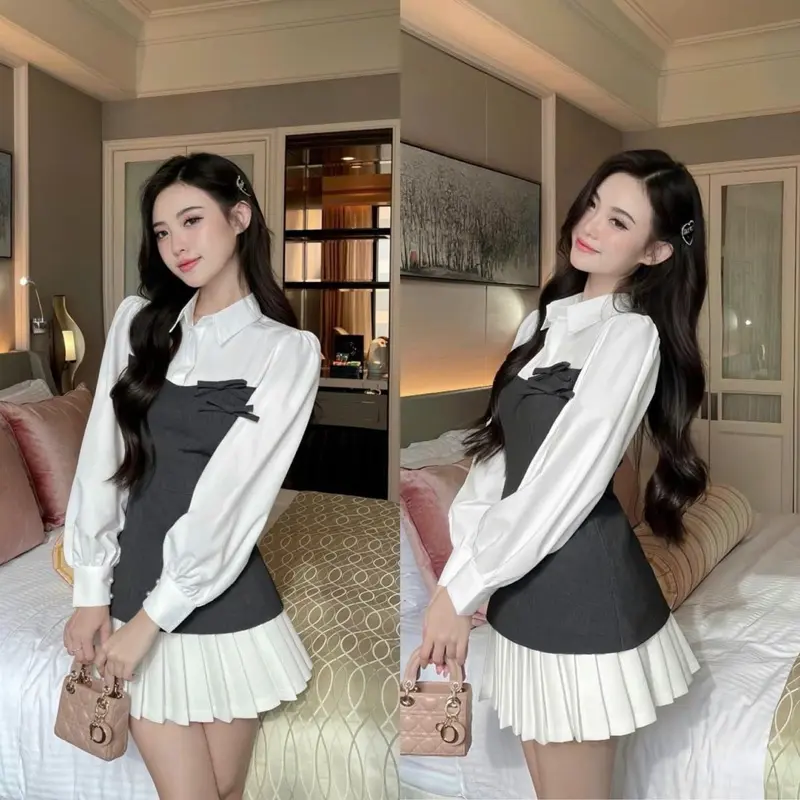 Set áo xước đính nơ phối sơ mi trắng mix chân váy xếp ly có lót quần