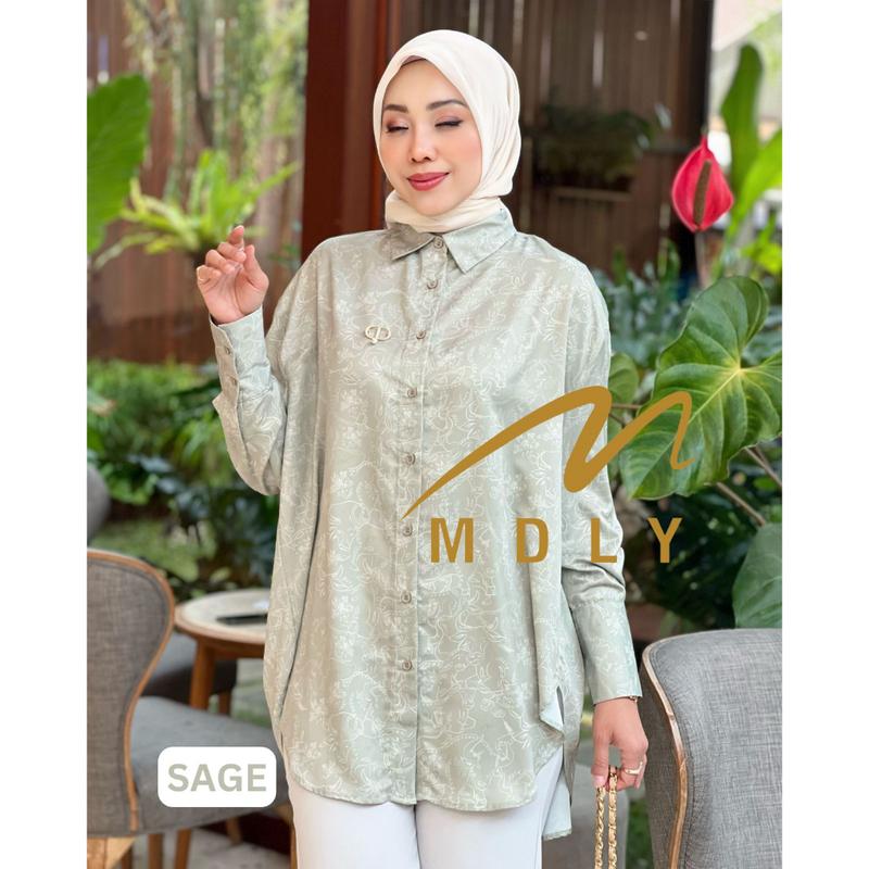 Baju kemeja Basic atasan wanita Toile De Jouy Monogram Shirt By Mdly Muslim Nyaman Printing Fit Panjang Wudhu Oversize Katun Bordir 1