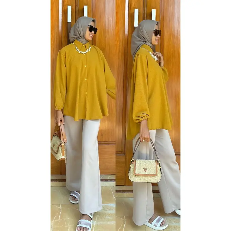 Kemeja Wanita Premium Lengan Balon Karet Kemeja Wanita Polos Basic Lengan Panjang Woman Long Sleeve Original 2