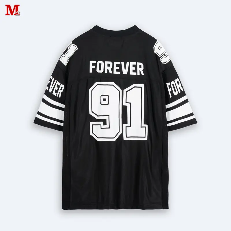 Áo thun Unisex thể thao lỡ tay phối kẻ phong cách dáng rộng Forever 91 K0030933 thời trang M2 Nam Menswear Cotton Shirt Women Cổ Tròn 1
