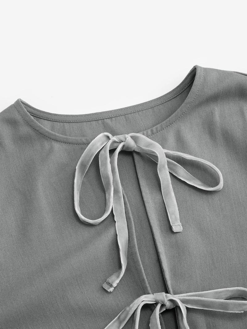 Product Introduction of YOZY Women's Plain Tie Front Bishop Sleeve Blouse, Casual Long Sleeve Tie Neck Top for Daily Wear, Ladies Clothes for All Seasons 16