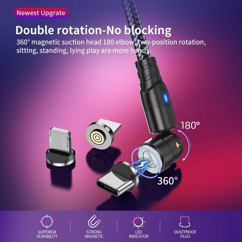 Magnetic Charging Cable 3 in 1 Magnet USB Cable 360 ° + 180 ° Rotating Charging Cable 3A Fast, 1M or 2M Nylon Braided Magnetic Cable Compatible with Micro USB,Type C/USB C,I-Phone, for phone, Tablets, and more, 3A USB C to USB C fast charging cable. 2