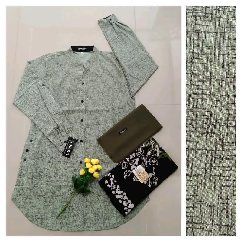 Stelan Tunik Hara Motif Abstrak + Sarung Gloyor Tebal + Hijab Baju Katun Muslim Wanita 4