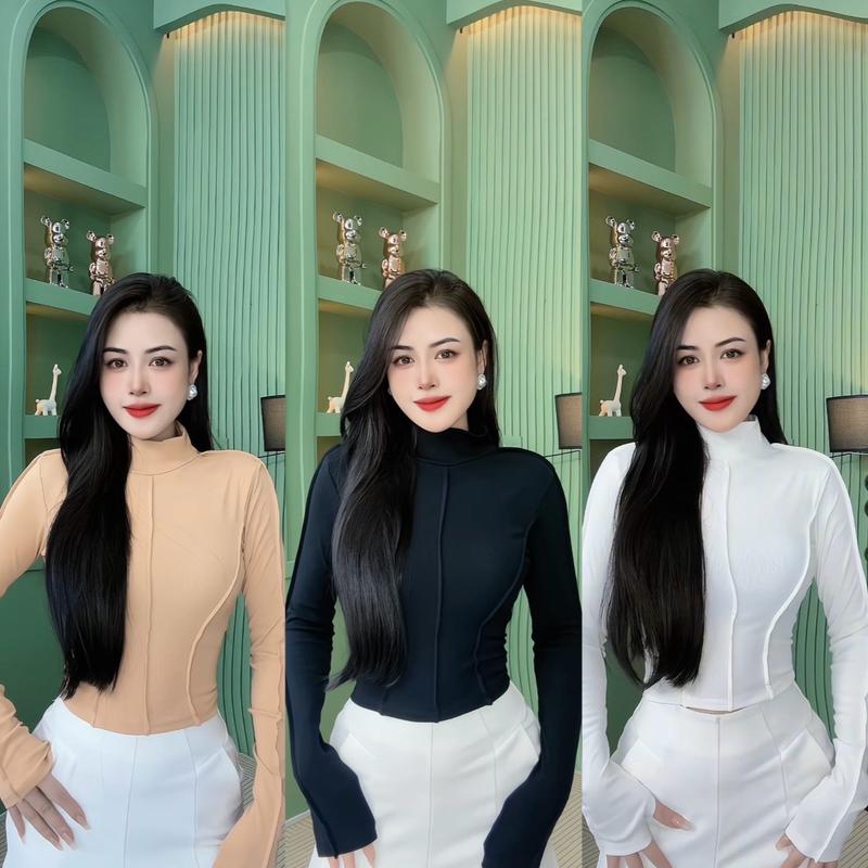ÁO THUN NỮ CROPTOP CỔ 3 phân CAO TAY DÀI THUN ND61 40cm