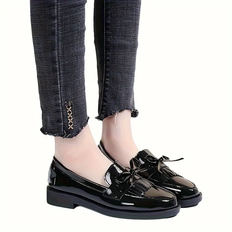 Preppy Solid Color Round Toe Slip-on Women'S Shoes, English Style, All-season, with Bow Embellishment, Made of Man-made Materials, Faux Sole and PVC Insole, with Fabric Inner Material, Hand Wash Only 6