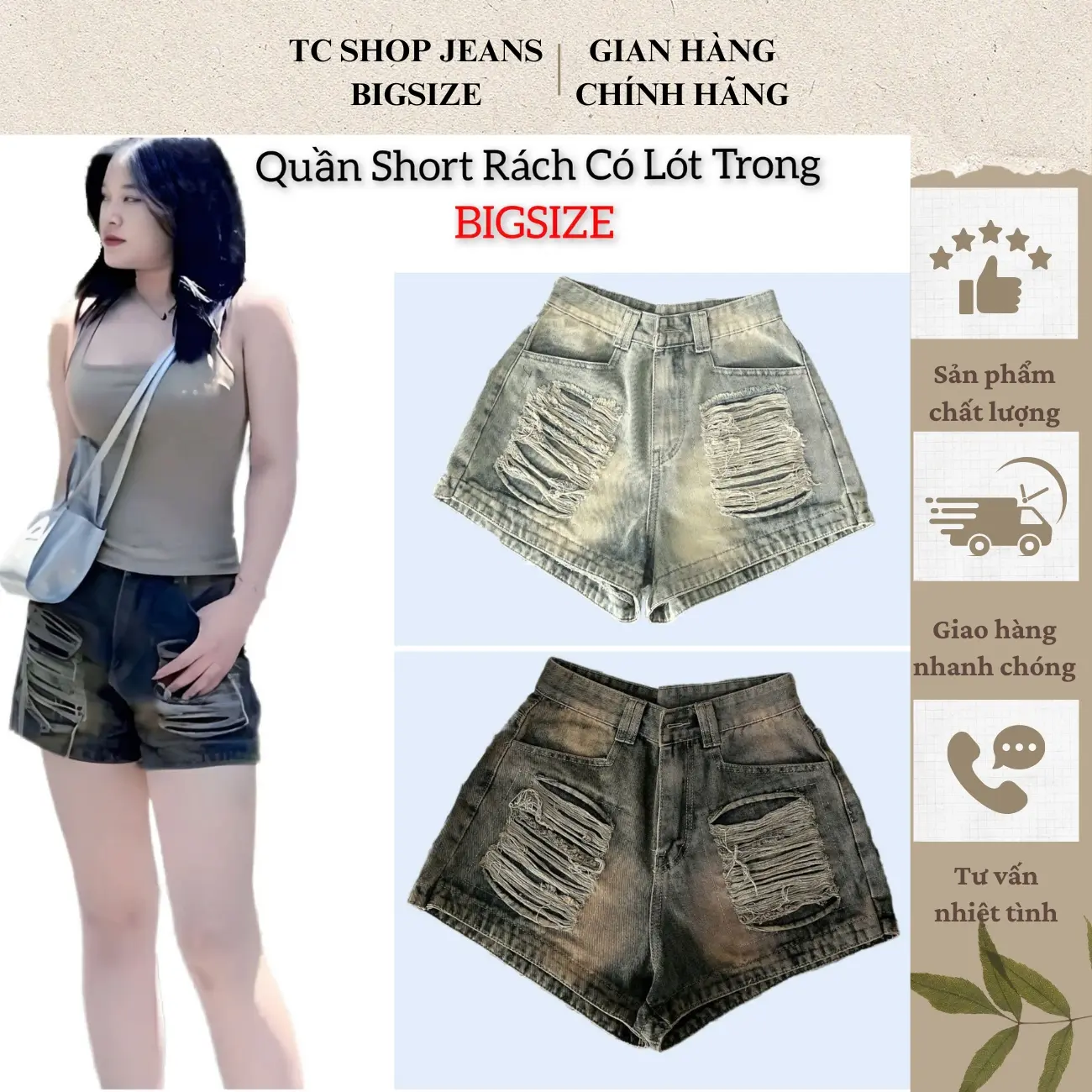 TCSHOPJEANS Quần Short Đùi Nữ Bigsize Rách Màu Dơ Bụi Đậm Lưng Cao Ms 1095 Women
