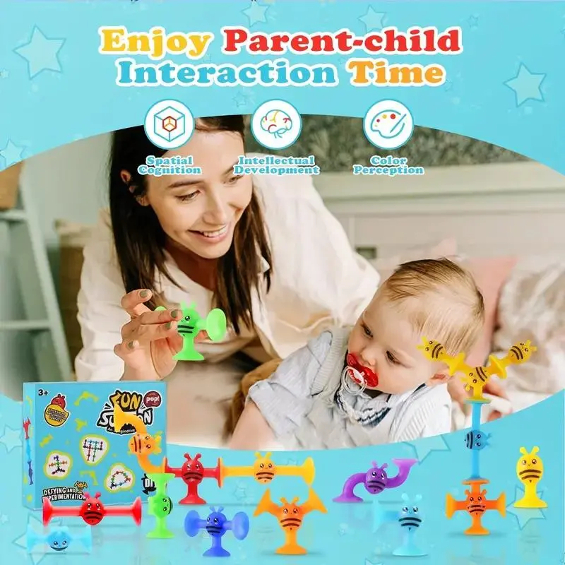 Random Color Suction Sensory Toy, 19pcs/set Cute Bath Toy, Silicone Sucker Toy, Suction Cup Building Toy, Sorting & Stacking Toy, Preschool Learning Play Toy 7