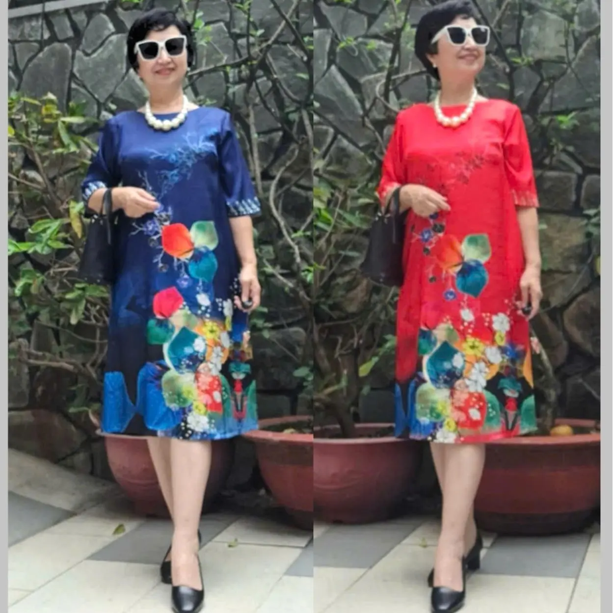 Váy Đầm Trung Niên Form A Che Bụng Chất Lụa Sao Băng In 3D Sang Trọng, Thoáng Mát, Hai Túi, Dây Kéo, Size Từ 48 đến 90Kg. Nữ Voi