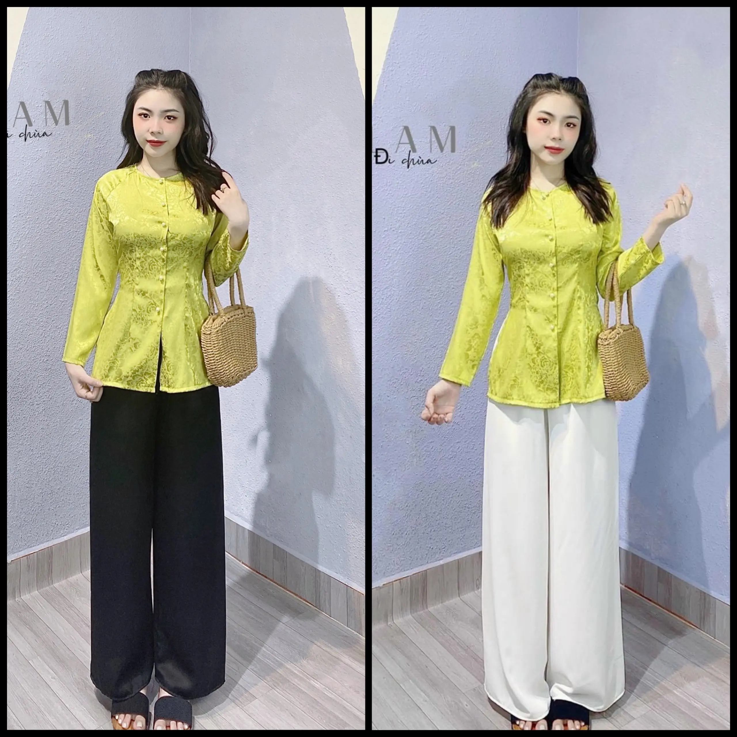 Bà Ba Gấm Tay Dài Nút Ngọc Trai - Quần Lụa Satin Lịch Sự Nhã Nhặn MÀU XANH BƠ