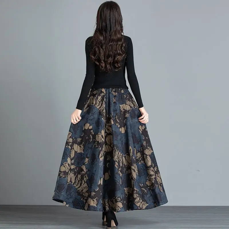 Special Season New Pocketed Woolen Skirt Ethnic High Waist Retro Floral Long Skirt Plus Size Skirt midi  skirt maxi  skirt  outfit