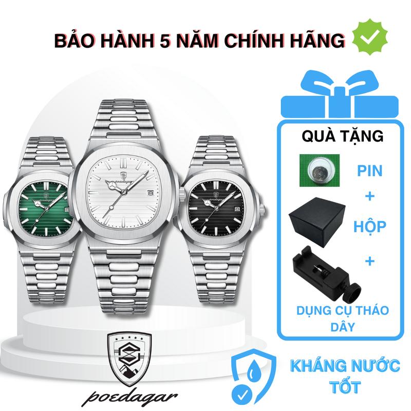 ( Bảo hành 5 năm chống nước ) Đồng hồ nam Poedagar dây thép có ô lịch ngày ( tặng kèm hộp , pin , dụng cụ tháo mắt dây )
