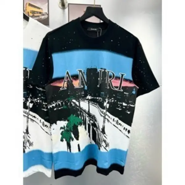 Áo phông nam nữ Premium Cotton Amiri in hình đường phố hoành hôn xanh hai mặt vảy sơn boy phố hot trend Menswear Shirt