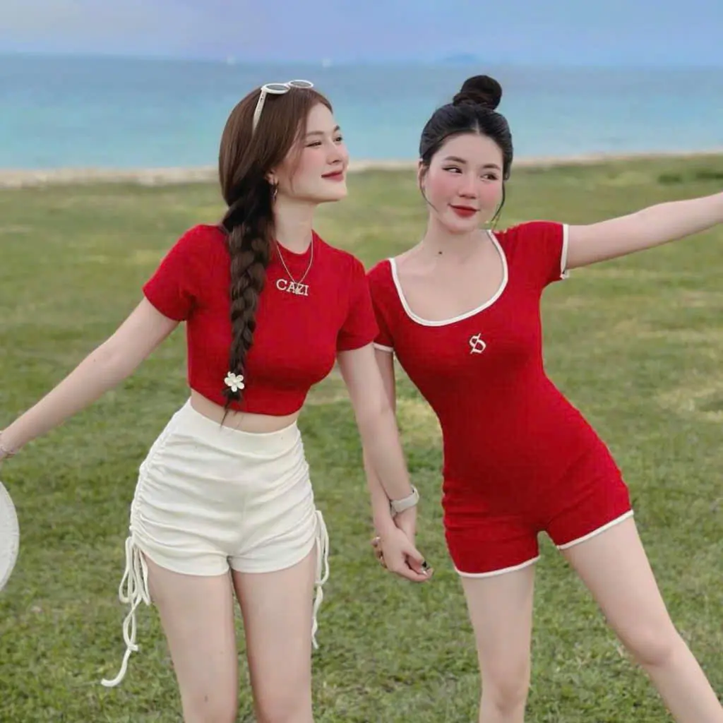 P88 -Bodysuit một mảnh màu đỏ tay ngắn nịnh da tôn dáng cho nữ có thể giặt máy đường phố  Women