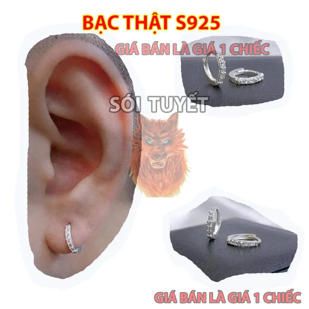 Khuyên tai nam bạc thật 925 Khuyên tròn đính đá 8li giá rẻ - Bông tai nam tròn | Sói Tuyết STJ 218