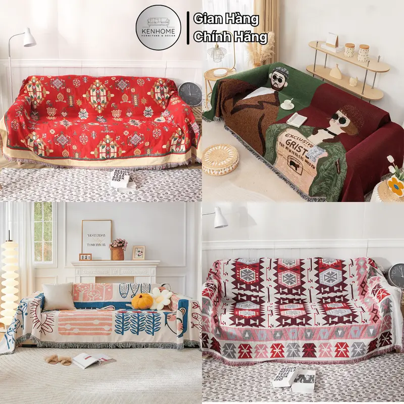 Khăn Trải Sofa Họa Tiết 2 Mặt, Thảm Trải Bàn Phối Ren Tua Rua, Thảm Picnic Phong Cách Bắc Âu Màu Sang Trọng, KENHOME 0