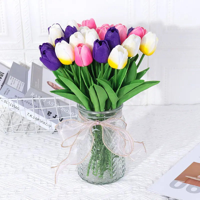 Mini PU imitation tulip artificial flower arrangement wedding celebration living room home decoration flower material feel bouquet Single sales Decorative Fruit Plant Ornaments