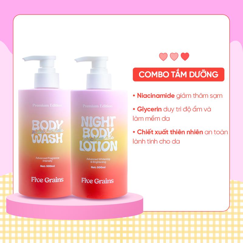 [GMV] Combo Five Grains Sữa tắm và Kem dưỡng body ban đêm Niacinamide, Alpha-Arbutin 500ml