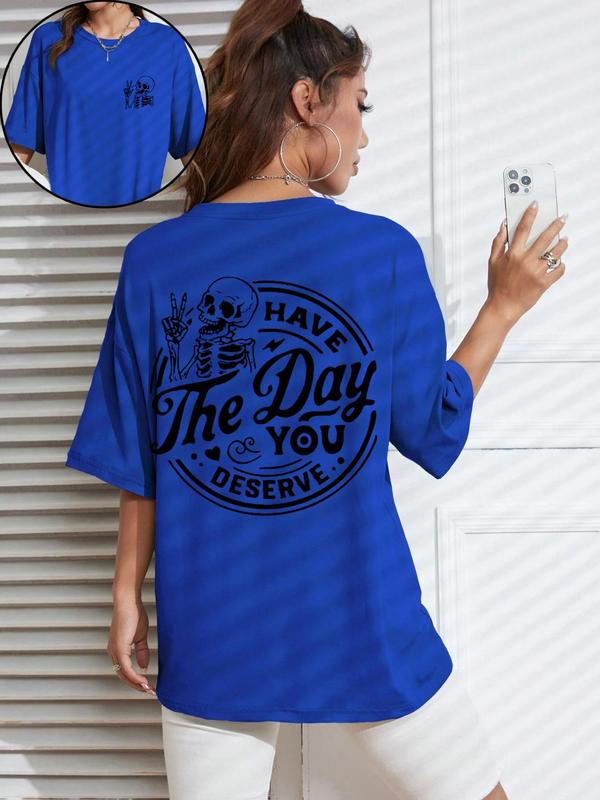 Women's Streetwear Letter & Skeleton Print Drop Shoulder Tee, Casual Half Sleeve Round Neck T-shirt for Daily Wear, Ladies Clothes for All Seasons, Tshirt 6