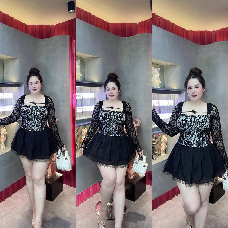 60-90kg SET Princess Thiết ÁO REN CÚP + VÁY TƠ 2 TẦNG VIỀN REN dự tiệc sang chảnh  BIGSIZE VƯƠNG NGỌC HÂN Thanh lịch Gợi cảm Nữ Dress Women