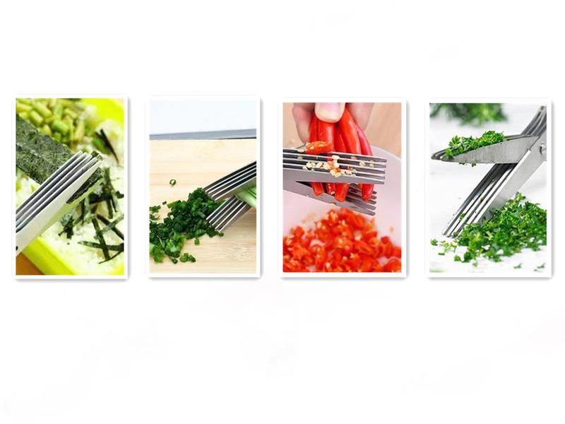 Product Introduction of Creative Stainless Steel Kitchen Scissors Five-Layer Green Onion Cutter Spice Laver Crushing Scissors Office Shredding Scissors Knife 1