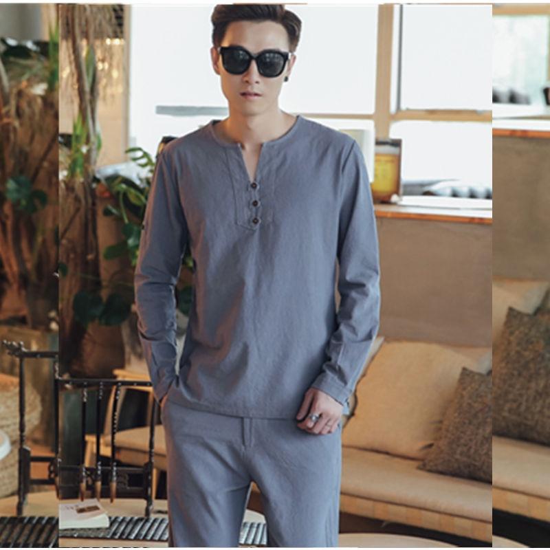 Men's Oversize Summer Cotton Linen V-Neck Chinese T-shirt with Long Sleeves - Plus Size 1