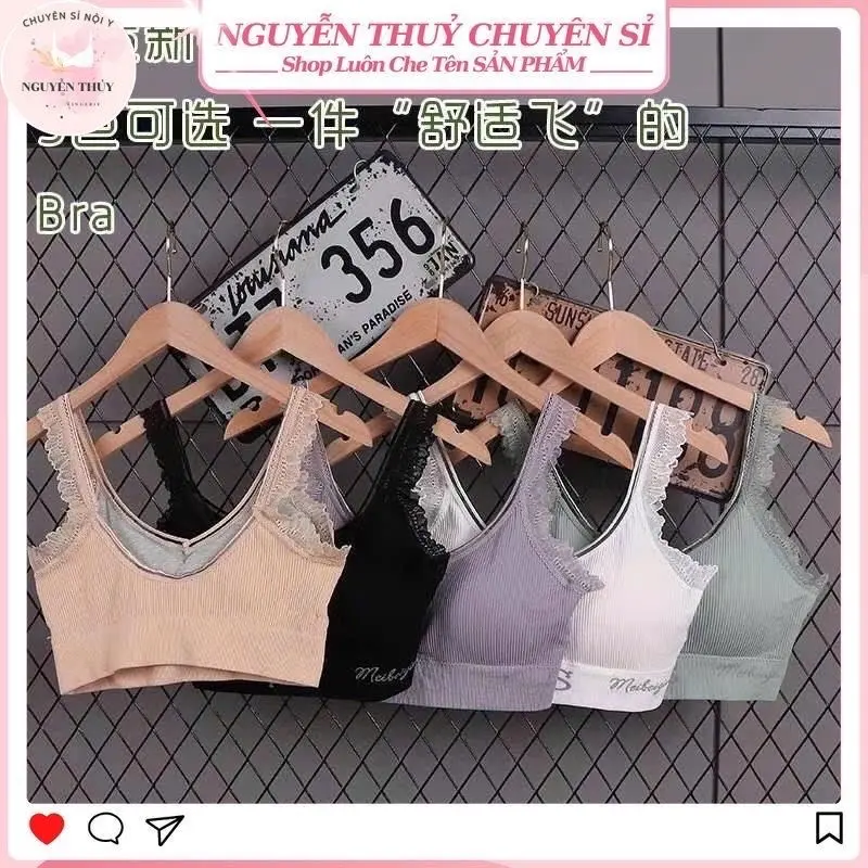 ￼Set 3 áo lót nữ, áo bra cotton tăm, đệm mỏng 2p, không gọng, bản dây to viền ren, mềm mại, ôm ngực, thoải mái, kháng khuẩn - M46 Top