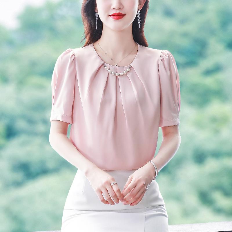 เสื้อเบลาส์ผู้หญิง สไตล์ลำลอง แขนสั้น คอวี ผ้าชีฟองประดับด้วยลูกปัดสี ...