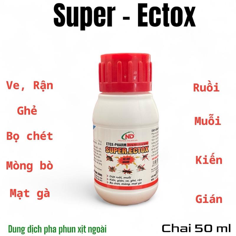 Chai pha nước phun xịt diệt côn trùng, ruồi, muỗi, kiến, gián, ve, rận, bọ chét, mòng bò, mạt gà, cái ghẻ chuồng trại chăn nuôi, gà, chó, mèo, trâu bò. Super Ectox