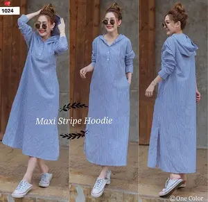 Hoodie Stripe Maxi Bahan katun salur, 1024