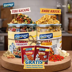Gurisaji Paket Bundle Sambal Teri Kacang 1 Jar & Sambal Tabur Embe Kriuk 1 Jar Pedas Siap Saji