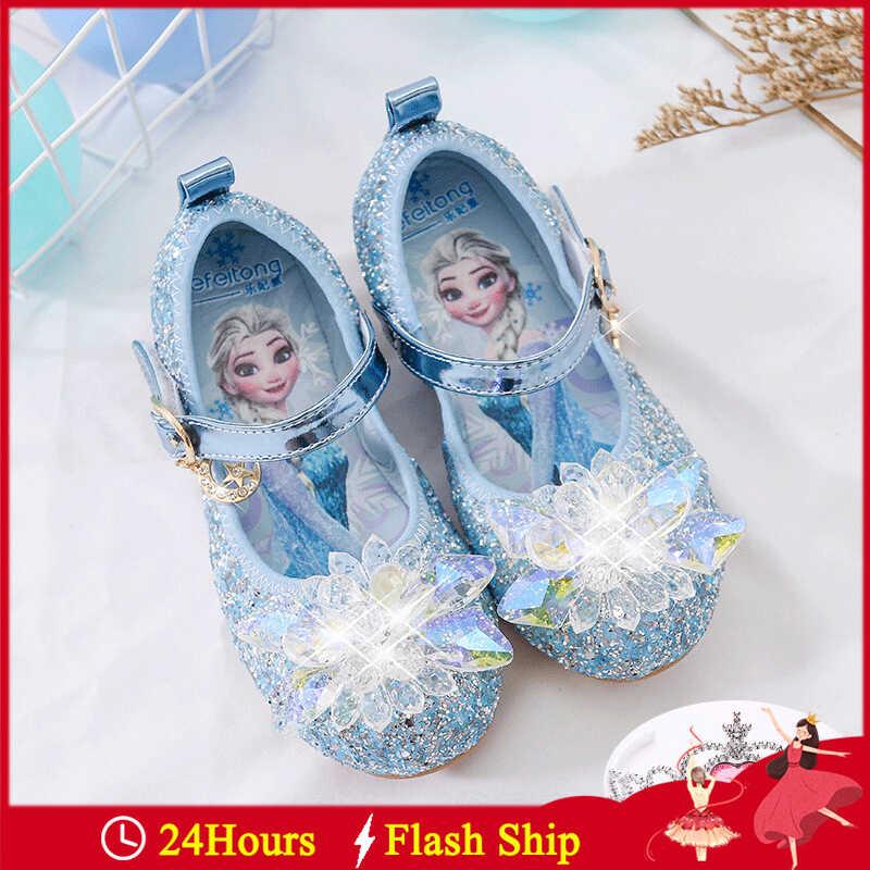 Product Introduction of Frozen Elsa Princess Kids Leather for wer Casual Glitter Children High Heel Girls Shoes Butterfly Knot Blue Pink Sier 0