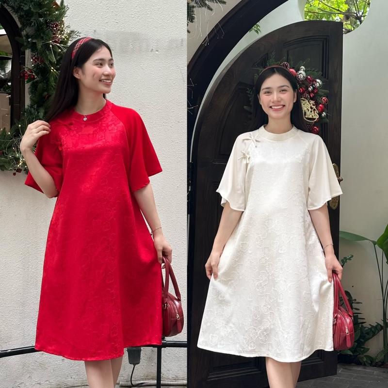  PHIYẾN Đầm bầu gấm Tết đầm dự tiệc kiểu đầm áo dài cách tân gấm nổi Bầu mặc đi làm đi chơi đều xinh . 