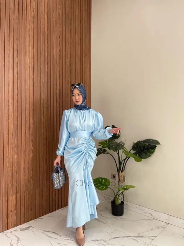 Vannya Dress Satin Silk Premium Bridesmaid Viral Long Dress Serut Pesta Kondangan Karet Muslim Wanita Gamis Maxi Panjang Armani Gaun Biru Navy Formal Velvet Putih Menyusui Coklat Hitam 1