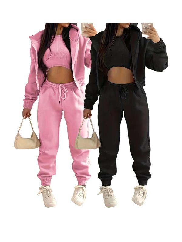 Women's Solid Pants Set, Casual Round Neck Crop Top & Drawstring Waist Pants & Zipper Hoodie, 2 Piece Sets Women, Co Ords for Women, Spring & Fall Outfits, Co-ords Set, Please Purchase A Size Up, Pink Two Piece Set Rave 8