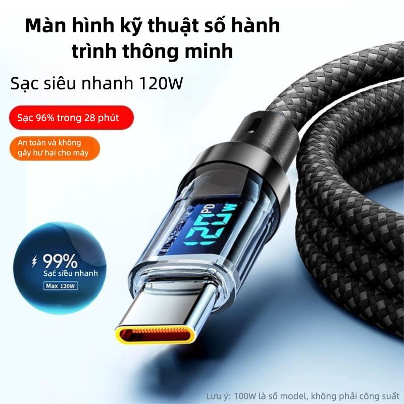 Cáp dữ liệu sạc siêu nhanh màn hình kỹ thuật số trong suốt băng giá 120W Tương thích với Apple và Huawei CC PD Cáp sạc bện