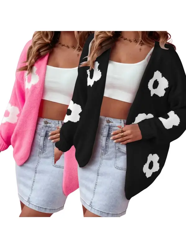 【Plus Size】 Floral Print Cardigan Sweater, Casual Longsleeves Open Front Crochet Top Knitwear for Fall & Winter, Cardigan for Women, Women's Plus Clothing for Everyday Daily Wear, Womenswear, Lady Knitting Casual Classy Top 6