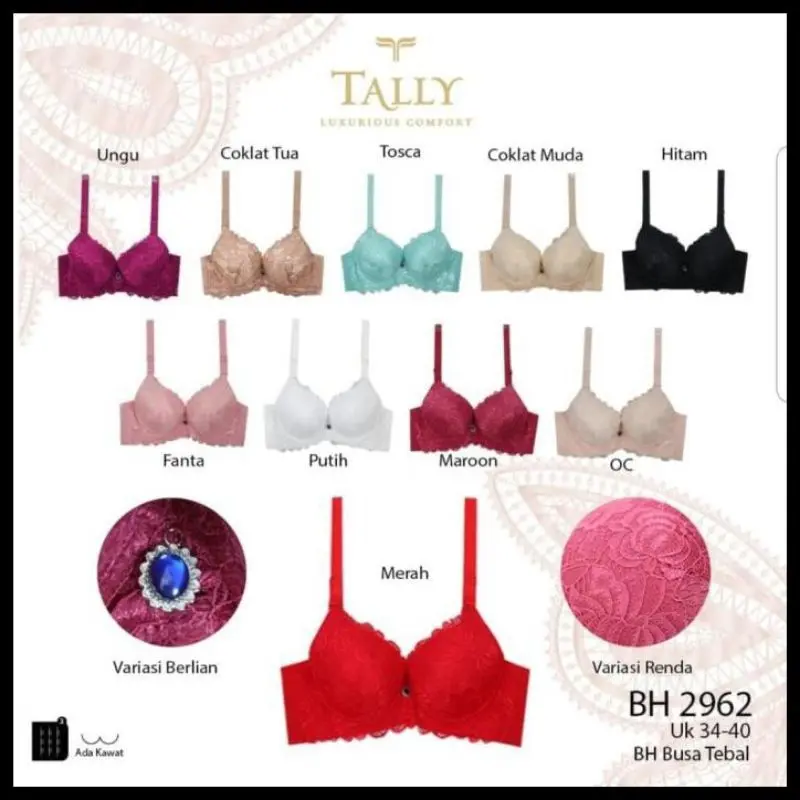 PUSH UP BRA ANTI KENDUR Bh Tally 2962 Original Push Up Bra Tally Busa Tebal Doble Spon Pakai Kawat Renda Halus 2
