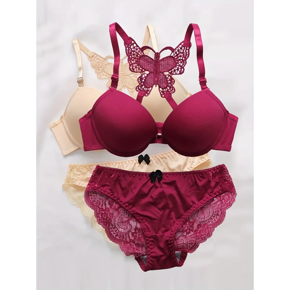 2sets Contrast Lace Underwire Bra & Panty, Butterfly Pattern Push Up Bra & Bow Knot Panties Lingerie Set, Women's Lingerie & Underwear Womenswear Comfort