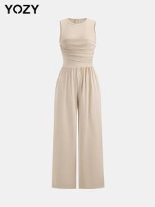 YOZY Women's Solid Zipper Back Jumpsuit, Casual Sleeveless Round Neck Jumpsuit for Summer, Women's Jumpsuit for Daily Wear