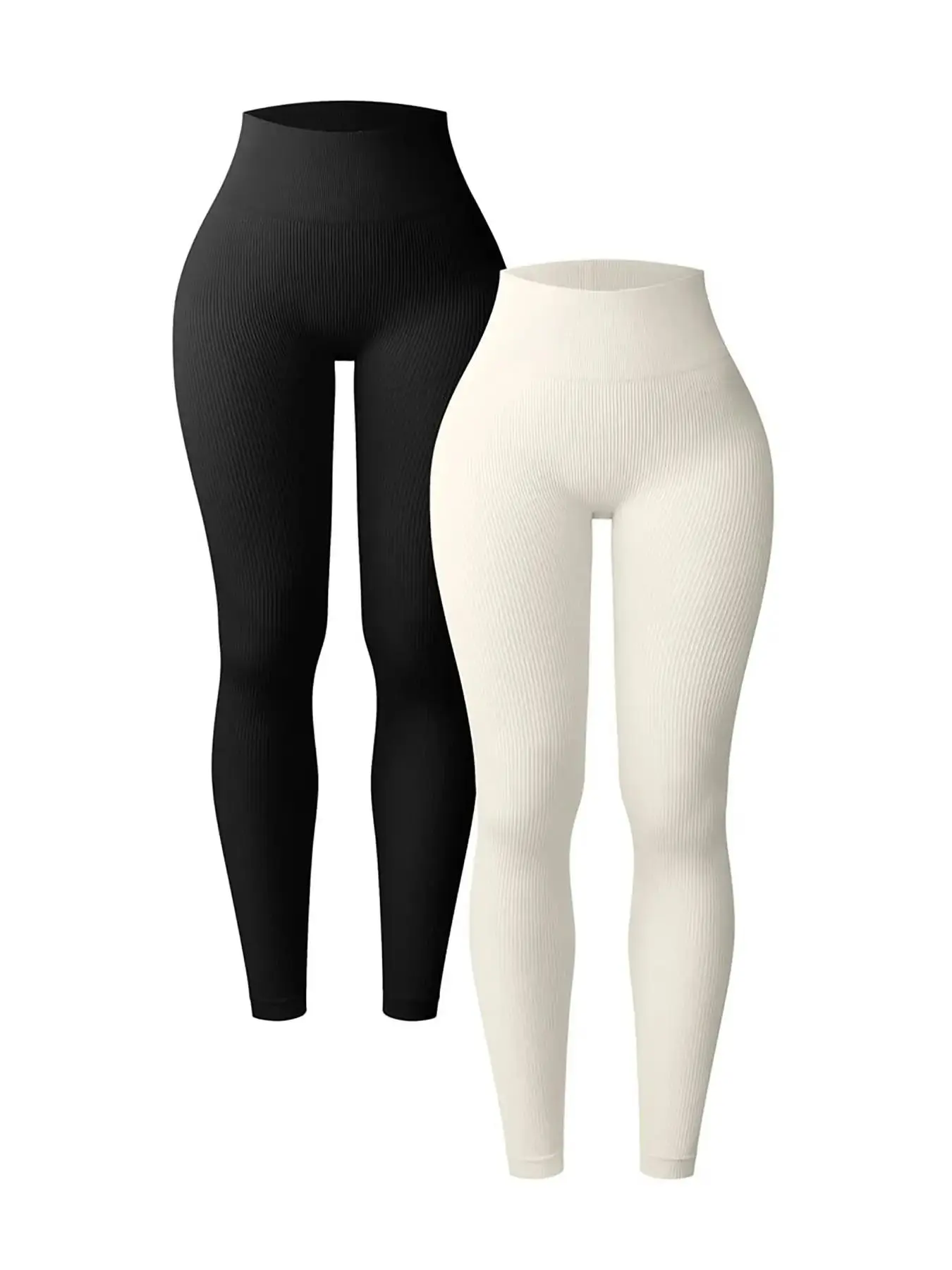 Women's 2pcs High Waist Ribbed Knit Sports Leggings, Casual Comfy Breathable Skinny Pants for Yoga Gym Workout Running, Ladies Sportswear for All Seasons