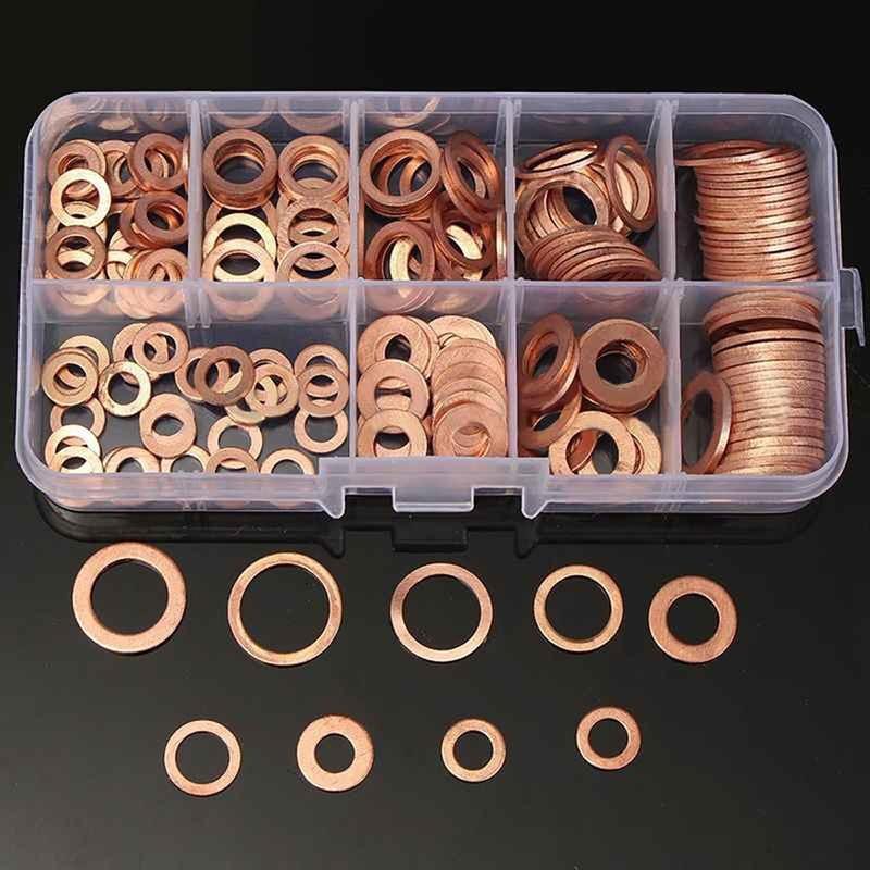 200pcs Copper Washer Gasket Nut and Bolt Set Flat Ring Seal Assortment Kit with box M5-M14 Electrical Woodworking Washers Sets 4